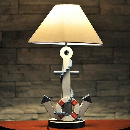 Kids White Desk Lamp With Anchor Wooden Base - Conical Fabric Task Lighting