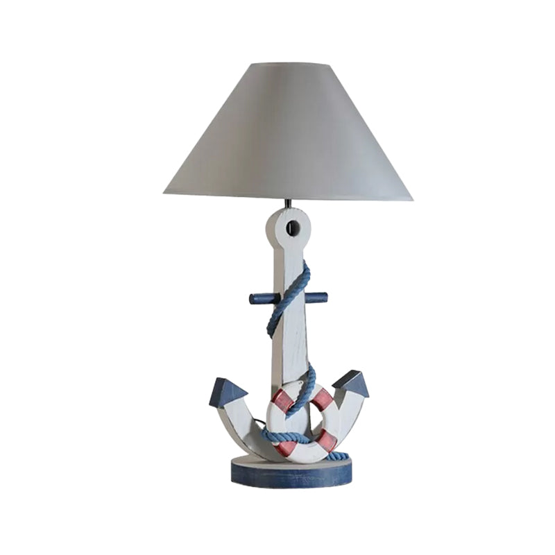 Kids White Desk Lamp With Anchor Wooden Base - Conical Fabric Task Lighting