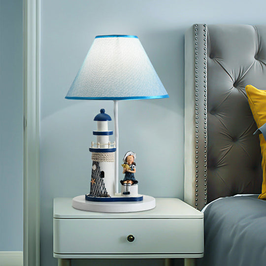 Kids Conical Task Lighting: Fabric 1-Head Bedroom Table Light With Boy/Girl And Lighthouse Deco Blue