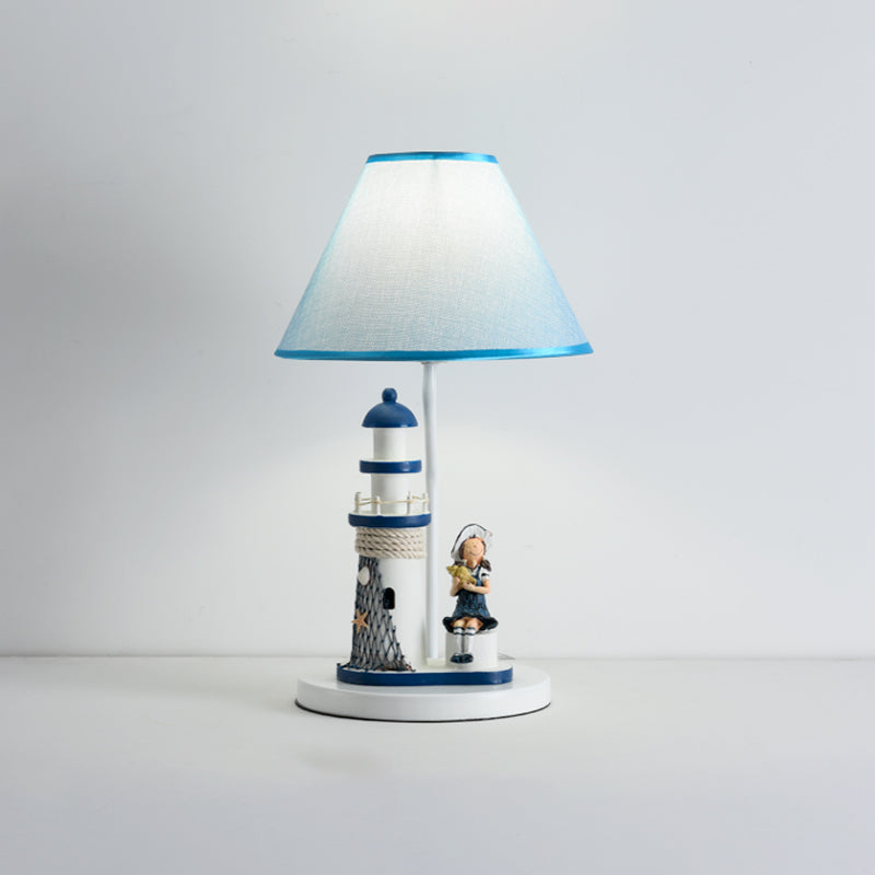 Minelava - Kids Conical Task Lighting Kids Style Fabric 1-Head Bedroom Table Light with Boy/Girl and Lighthouse Deco in Blue