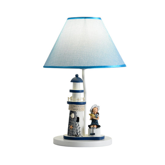 Minelava - Kids Conical Task Lighting Kids Style Fabric 1-Head Bedroom Table Light with Boy/Girl and Lighthouse Deco in Blue