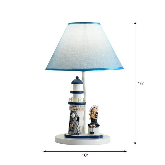 Minelava - Kids Conical Task Lighting Kids Style Fabric 1-Head Bedroom Table Light with Boy/Girl and Lighthouse Deco in Blue