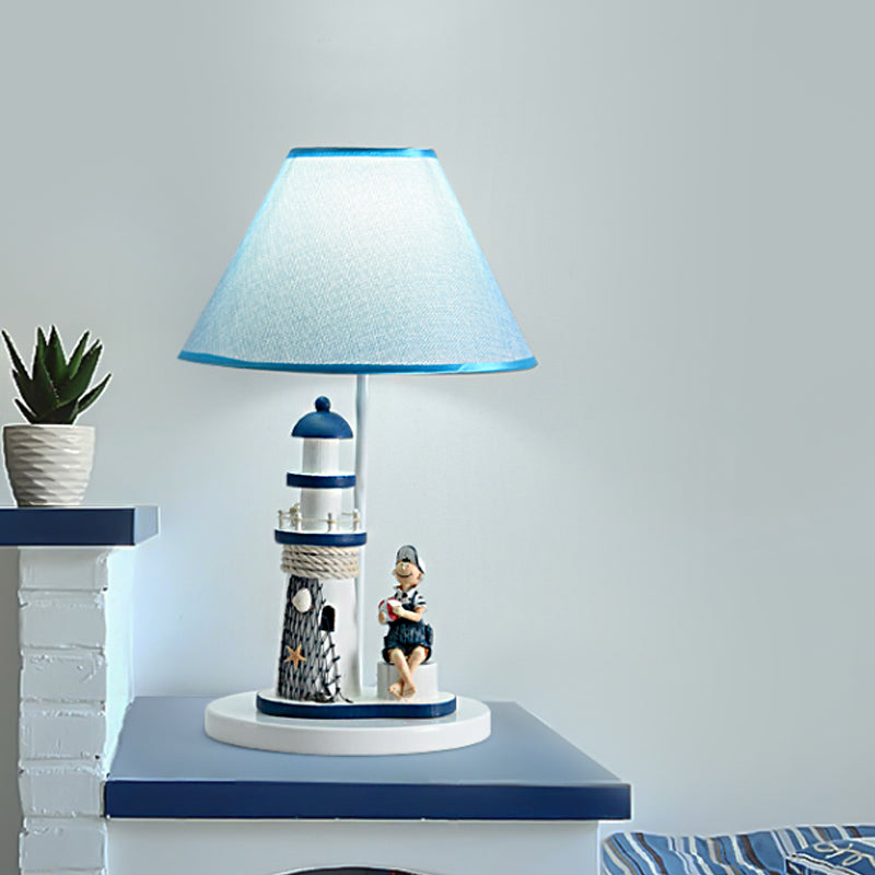 Minelava - Kids Conical Task Lighting Kids Style Fabric 1-Head Bedroom Table Light with Boy/Girl and Lighthouse Deco in Blue