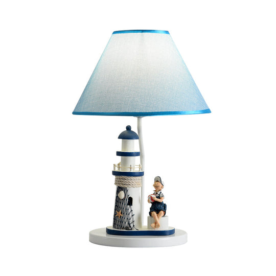 Minelava - Kids Conical Task Lighting Kids Style Fabric 1-Head Bedroom Table Light with Boy/Girl and Lighthouse Deco in Blue