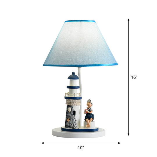 Minelava - Kids Conical Task Lighting Kids Style Fabric 1-Head Bedroom Table Light with Boy/Girl and Lighthouse Deco in Blue