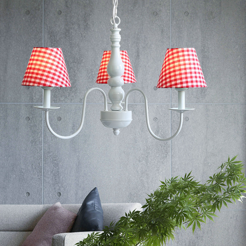 Nordic Kids Chandelier - Restaurant Plaid Fabric Suspension Light With 3 Bulbs Red