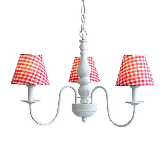 Nordic Kids Chandelier - Restaurant Plaid Fabric Suspension Light With 3 Bulbs