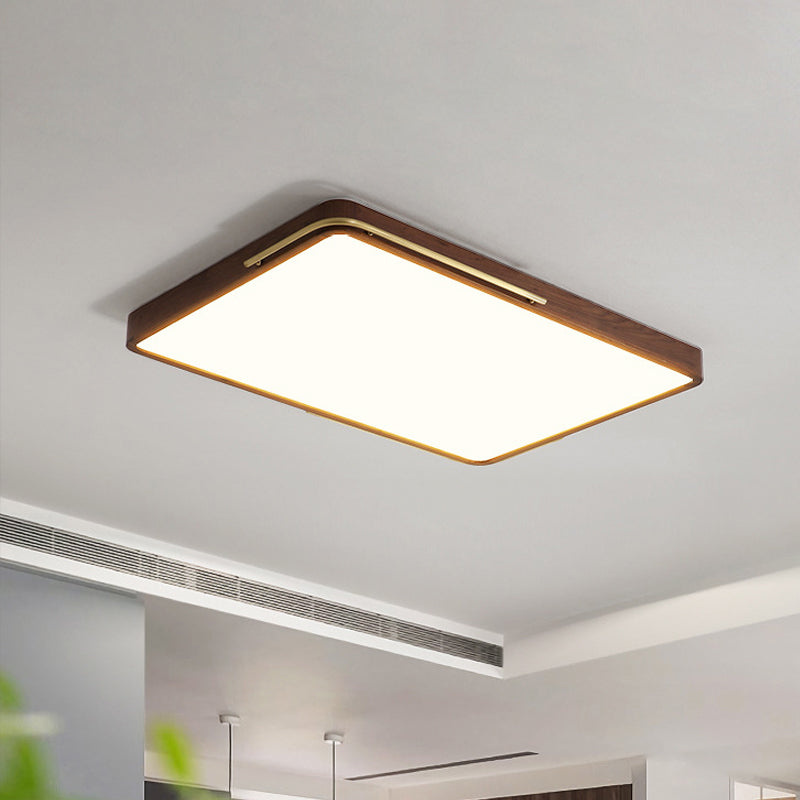 Modern Led Ceiling Light With Wood Shade - Brown Square/Rectangle Flush Mount 13/19/27