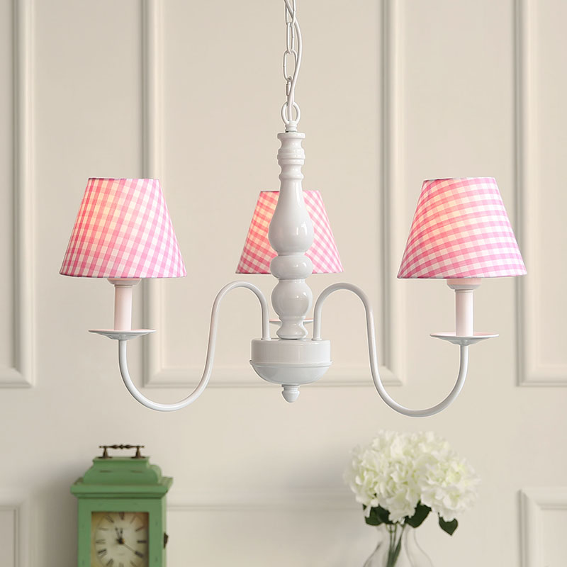 Nordic Kids Chandelier - Restaurant Plaid Fabric Suspension Light With 3 Bulbs Pink