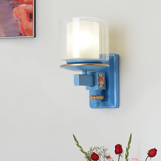 Coastal Clear And Opal Glass Wall Mount Lamp With Dual Columns - Sky Blue Lighting