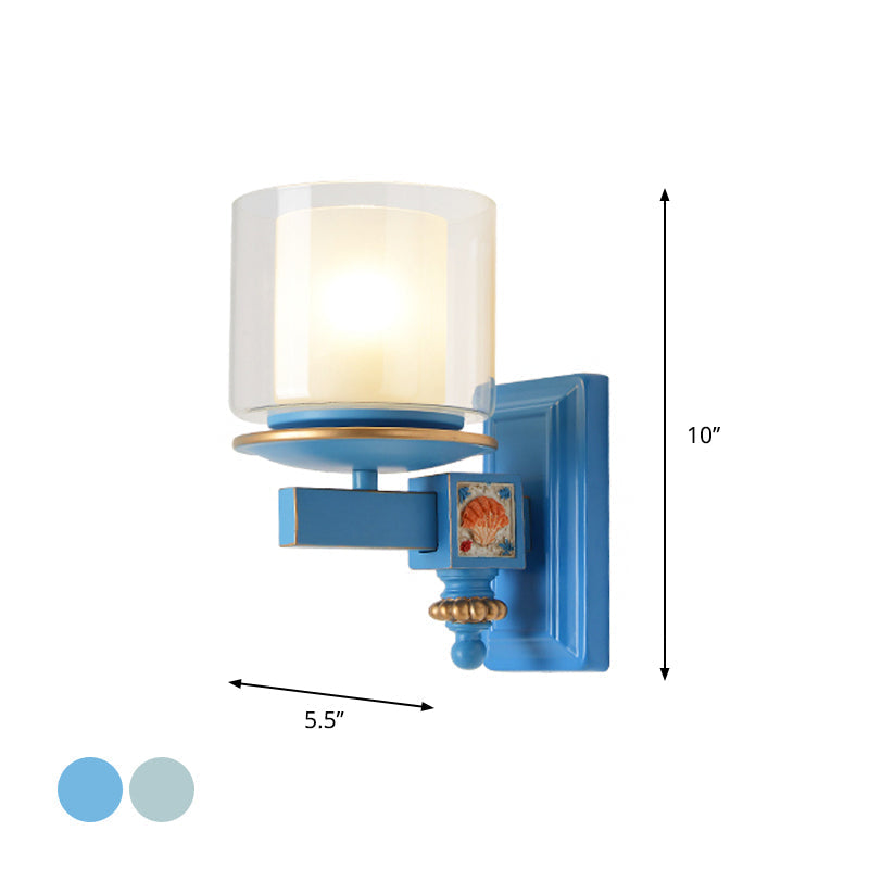 Coastal Clear And Opal Glass Wall Mount Lamp With Dual Columns - Sky Blue Lighting