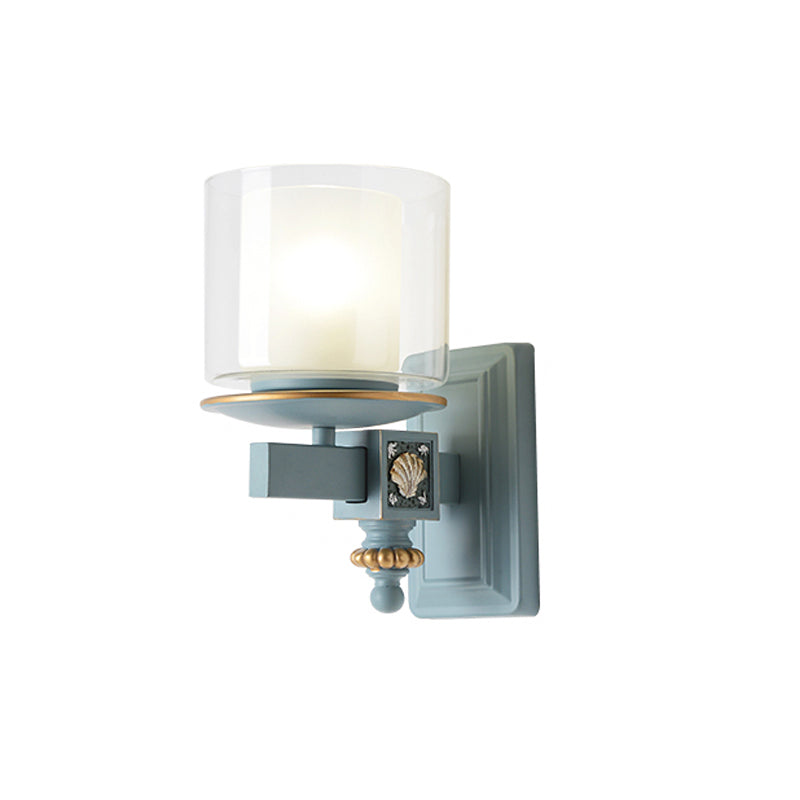 Coastal Clear And Opal Glass Wall Mount Lamp With Dual Columns - Sky Blue Lighting