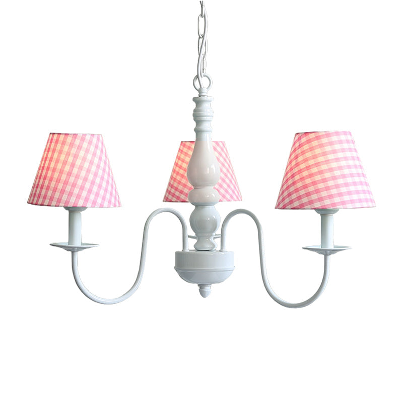 Nordic Kids Chandelier - Restaurant Plaid Fabric Suspension Light With 3 Bulbs