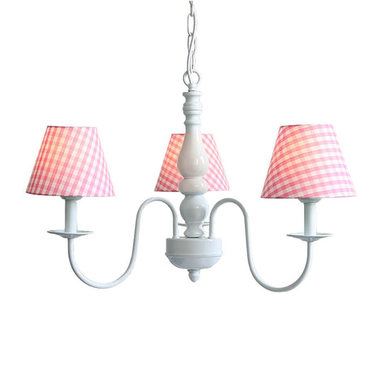 Nordic Kids Chandelier - Restaurant Plaid Fabric Suspension Light With 3 Bulbs