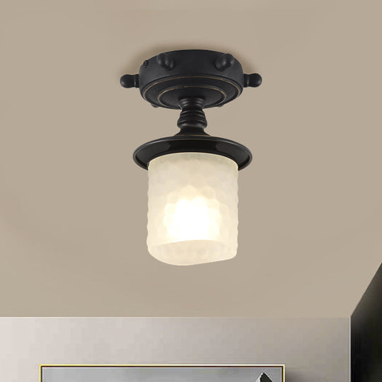 Black/Blue Column Ceiling Flush Light Mediterranean 1-Bulb Semi Mount Opaque Glass 6/13 Wide Black /