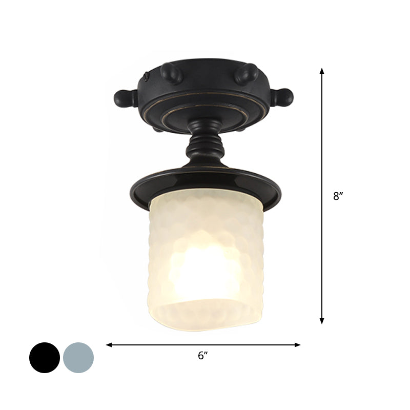 Black/Blue Column Ceiling Flush Light Mediterranean 1-Bulb Semi Mount Opaque Glass 6/13 Wide