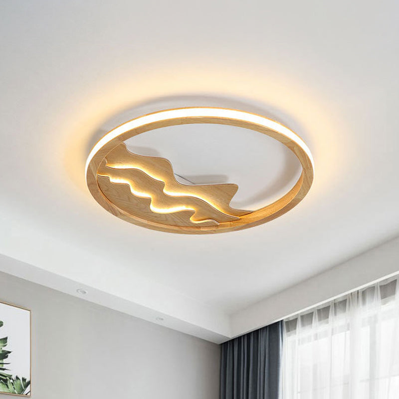 Modern Wood Led Ceiling Light With Landscape Design - 13/17 Circle Flush Mount Fixture In Beige / 13