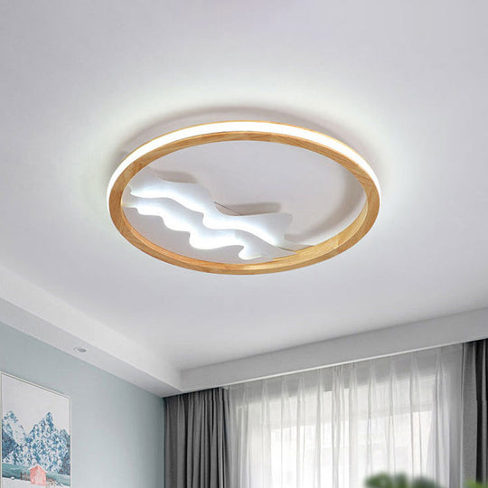 Modern Wood Led Ceiling Light With Landscape Design - 13/17 Circle Flush Mount Fixture In Beige