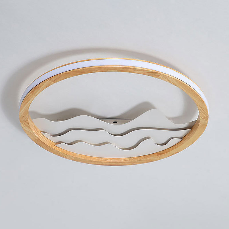 Modern Wood Led Ceiling Light With Landscape Design - 13/17 Circle Flush Mount Fixture In Beige