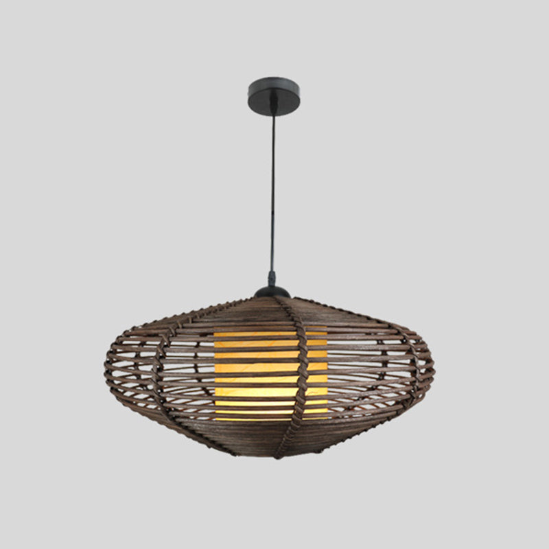 Asia 1-Light Coffee Drop Lamp With Bamboo Cage: Modern Fabric Pendant Lighting