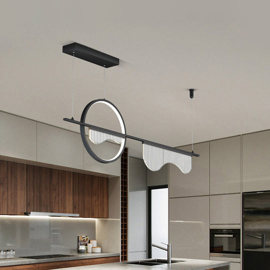 Contemporary Led Metal Island Pendant With Acrylic Wavy Design - Black Circle & Linear Down Lighting