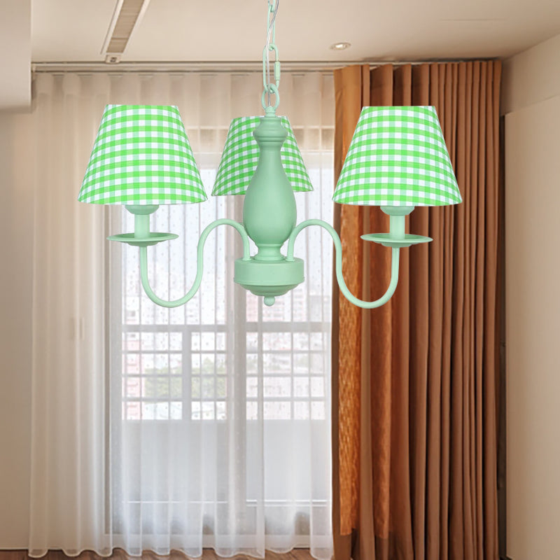 Modern Green Plaid Shade Chandelier - 3 Bulb Kids Hanging Light Bedroom Décor