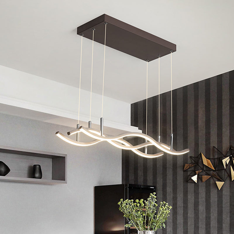 Wavy Metallic Linear Island Pendant Led Light In Coffee With Warm/White Illumination - Minimalist