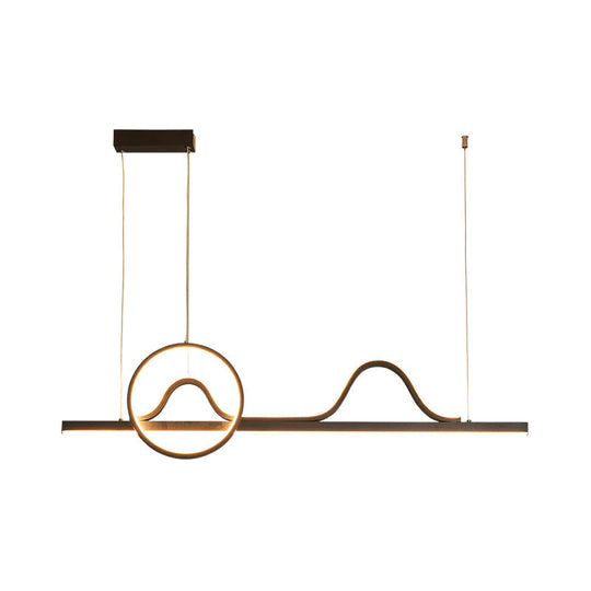 Contemporary Led Black Suspended Island Lamp With Curvy Line And Ring Metallic Design