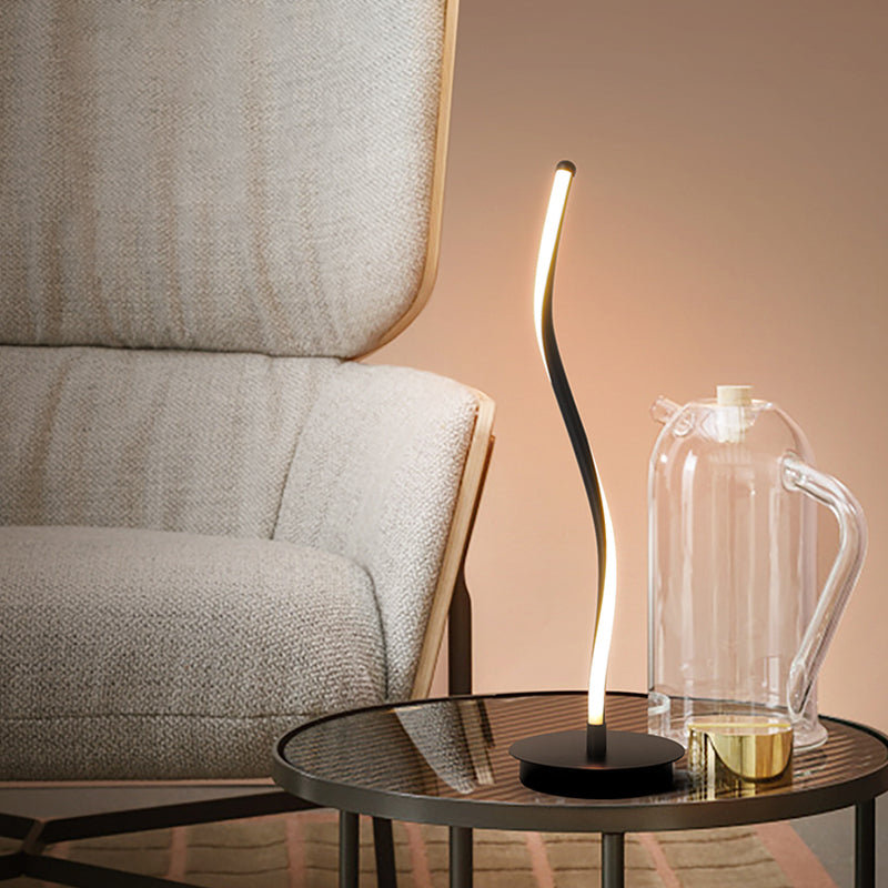 Sleek Metal Ribbon Night Light: Simplicity Black/White Led Task Lighting On Round Pedestal