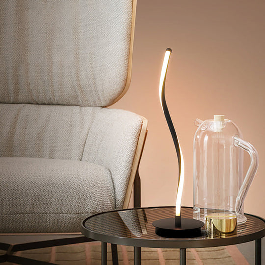 Sleek Metal Ribbon Night Light: Simplicity Black/White Led Task Lighting On Round Pedestal