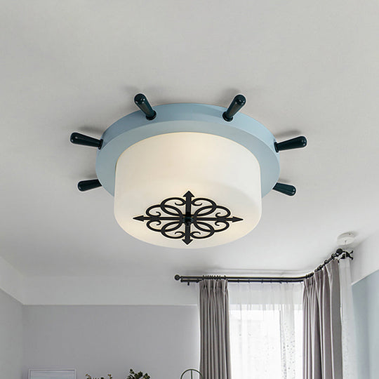 Kids' LED Ceiling Light with White Glass Drum and Rudder Blue/Brown Canopy