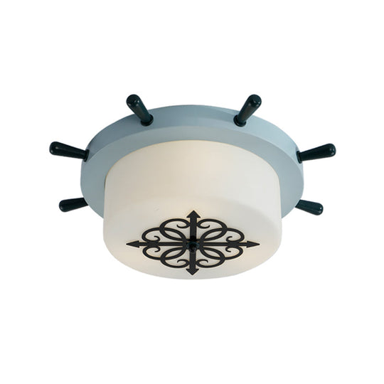 Kids' LED Ceiling Light with White Glass Drum and Rudder Blue/Brown Canopy