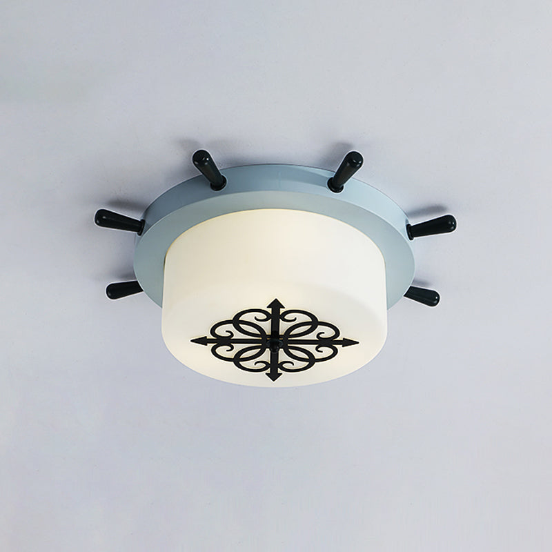 Kids' LED Ceiling Light with White Glass Drum and Rudder Blue/Brown Canopy