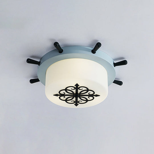 Kids Led Ceiling Light With White Glass Drum And Rudder Blue/Brown Canopy