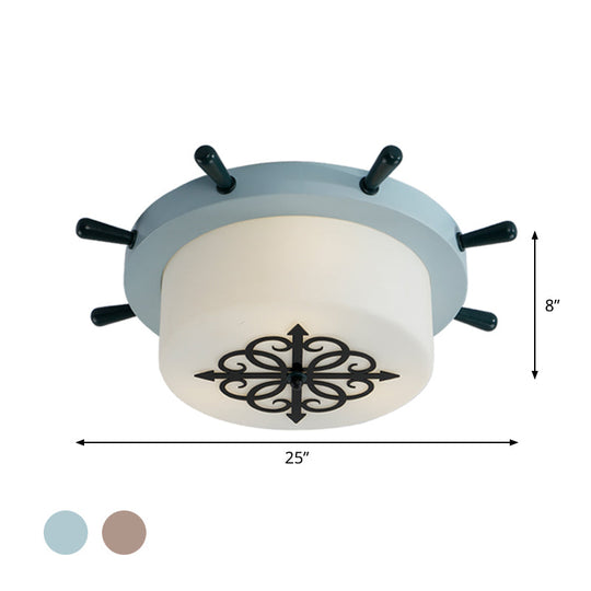 Kids' LED Ceiling Light with White Glass Drum and Rudder Blue/Brown Canopy