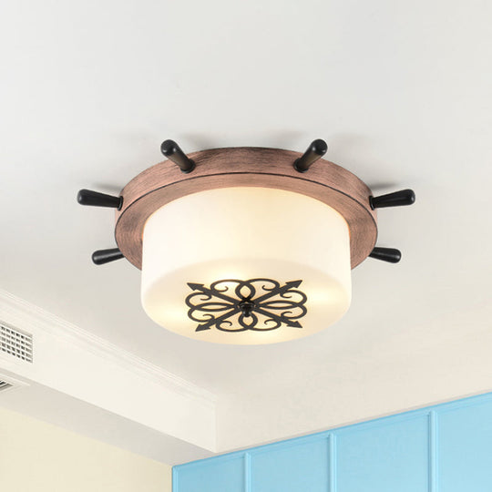 Kids' LED Ceiling Light with White Glass Drum and Rudder Blue/Brown Canopy