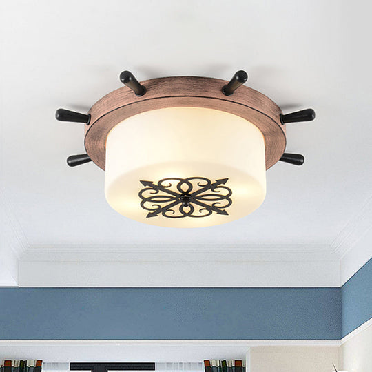 Kids' LED Ceiling Light with White Glass Drum and Rudder Blue/Brown Canopy