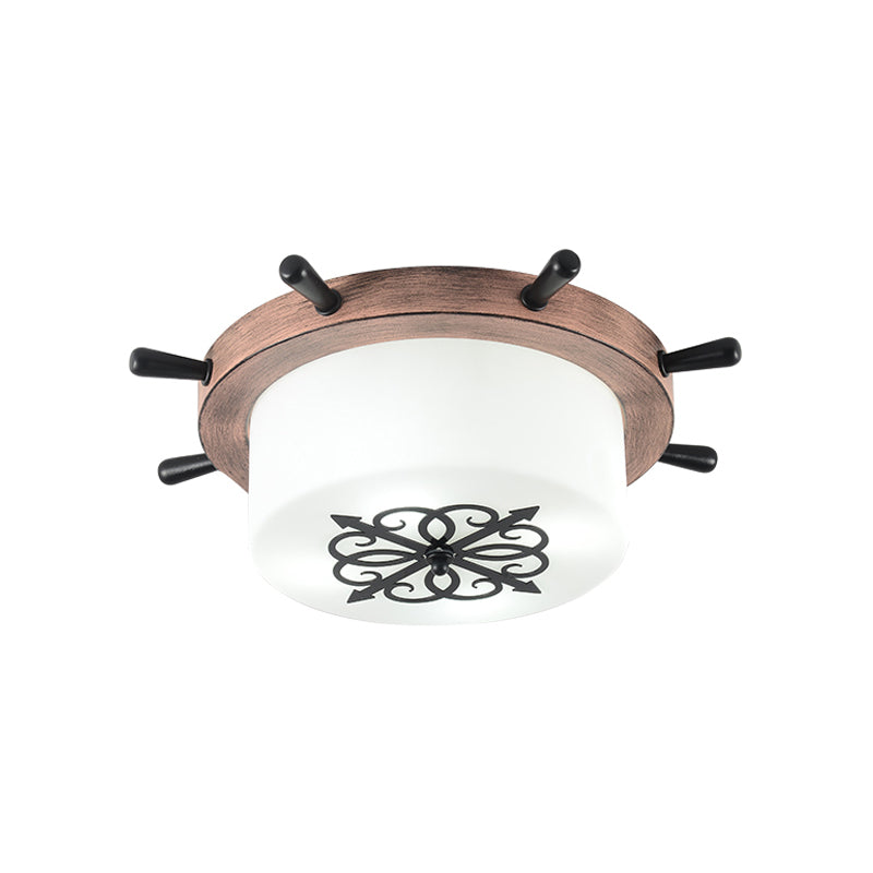 Kids' LED Ceiling Light with White Glass Drum and Rudder Blue/Brown Canopy