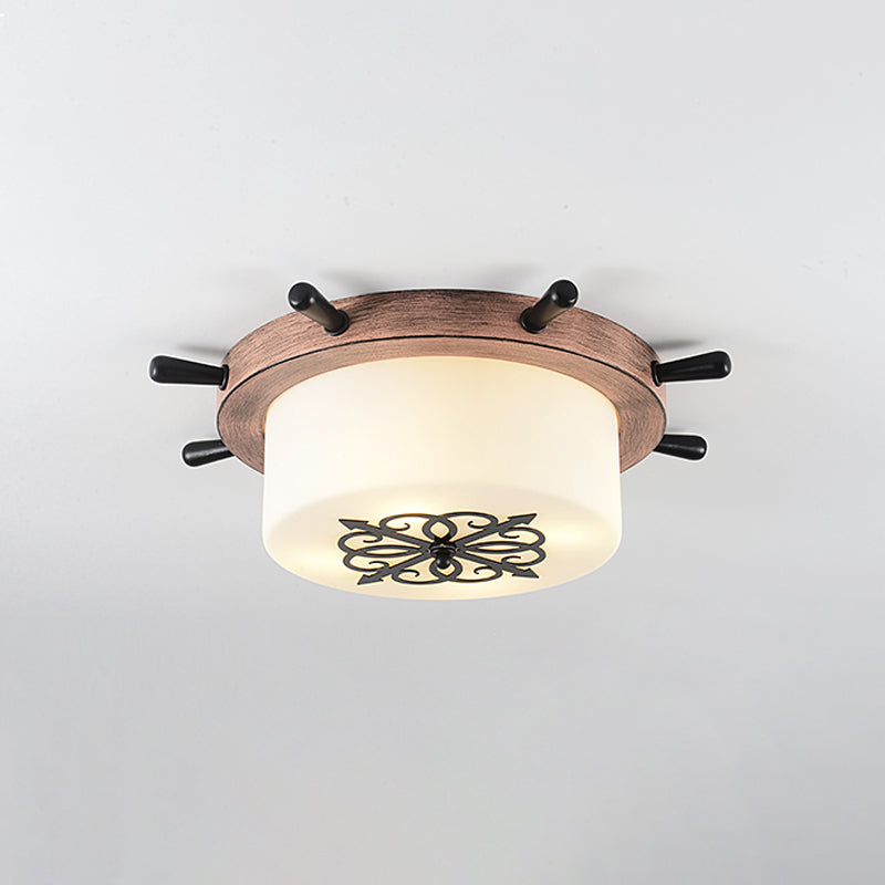 Kids' LED Ceiling Light with White Glass Drum and Rudder Blue/Brown Canopy