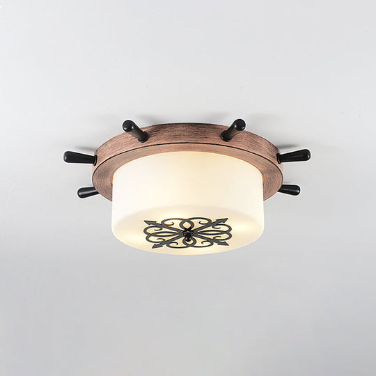 Kids Led Ceiling Light With White Glass Drum And Rudder Blue/Brown Canopy