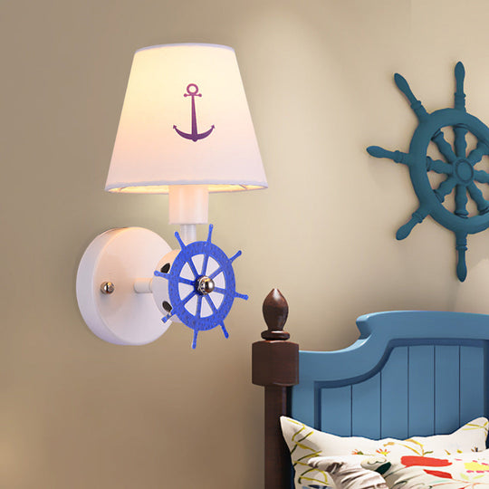 White Fabric Tapered Shade Wall Light Sconce With Rudder Decor - Kids Single Head Lighting