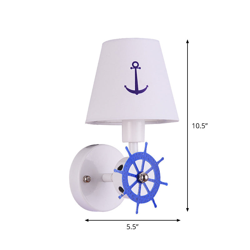 White Fabric Tapered Shade Wall Light Sconce With Rudder Decor - Kids Single Head Lighting