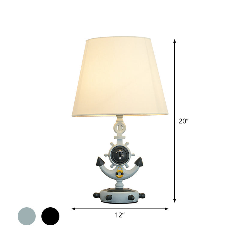 Kids Anchor Base Desk Lamp With White Fabric Shade - Black/Blue 1 Head Resin Task Lighting