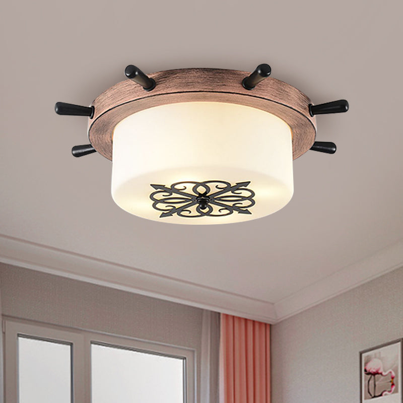 Drum Parlor Flush Mount Light - Modern LED Ceiling Fixture with Unique Rudder Design in Brown/Blue - White Glass