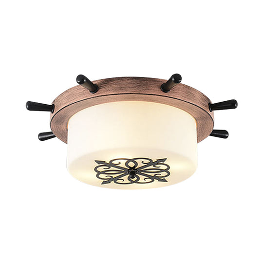 Drum Parlor Flush Mount Light - Modern Led Ceiling Fixture With Unique Rudder Design In Brown/Blue