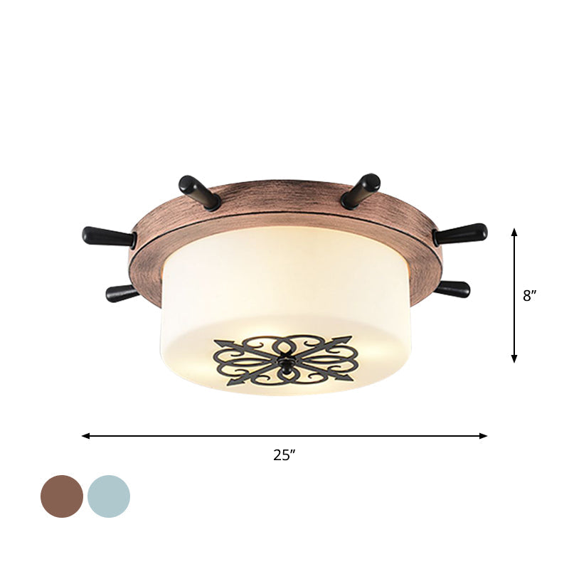 Drum Parlor Flush Mount Light - Modern Led Ceiling Fixture With Unique Rudder Design In Brown/Blue