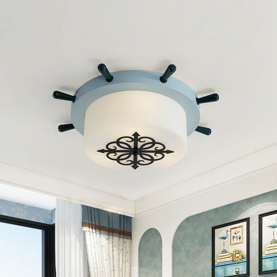 Drum Parlor Flush Mount Light - Modern Led Ceiling Fixture With Unique Rudder Design In Brown/Blue