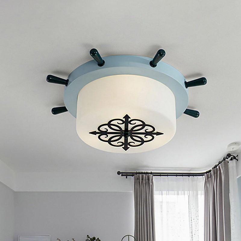 Drum Parlor Flush Mount Light - Modern Led Ceiling Fixture With Unique Rudder Design In Brown/Blue