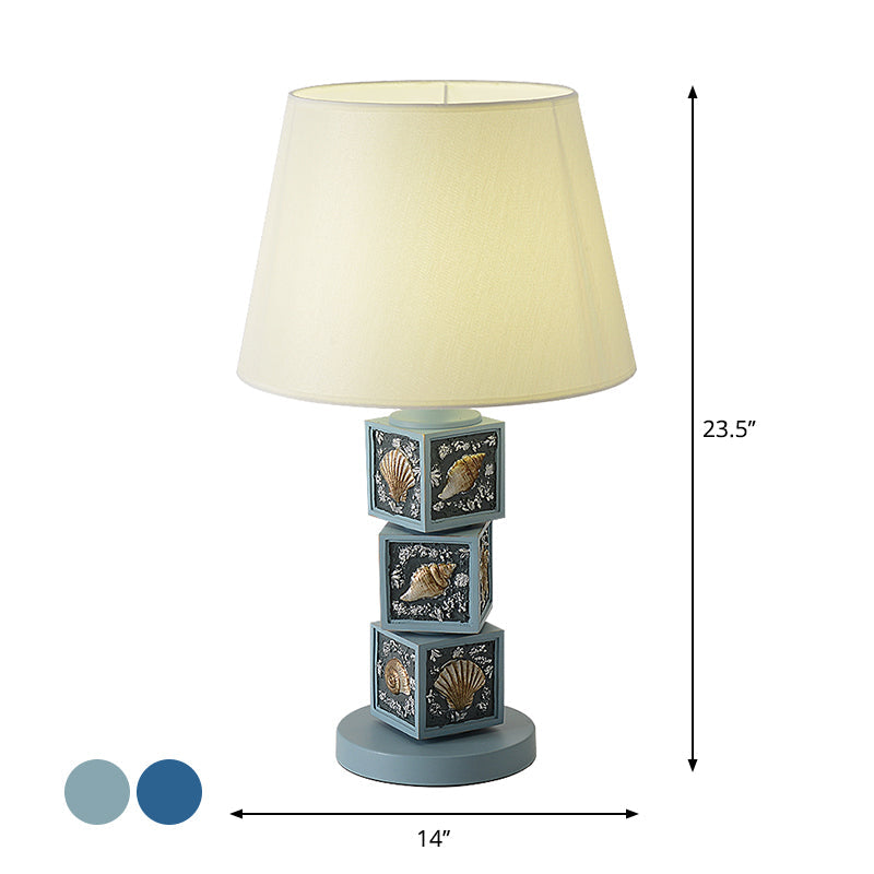 Riley - Resin Stacked Cube Desk Lighting Mediterranean Resin 1 Bulb Light/Sky Blue Night Lamp with Barrel Fabric Shade