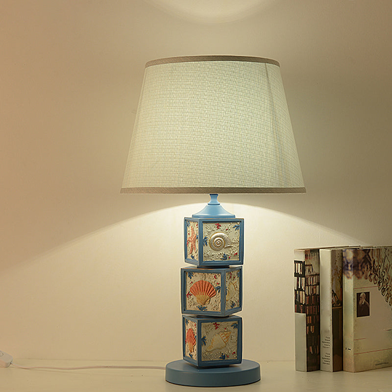 Riley - Resin Stacked Cube Desk Lighting Mediterranean Resin 1 Bulb Light/Sky Blue Night Lamp with Barrel Fabric Shade